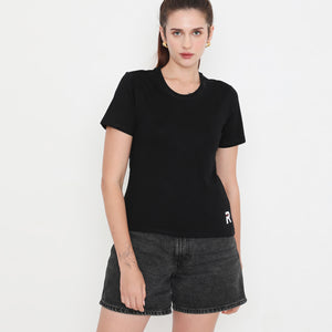 Women Solid Black Round Neck Cotton T-Shirt - 001