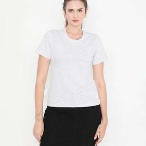 Women White Melange Round Neck Cotton T-Shirt - 001