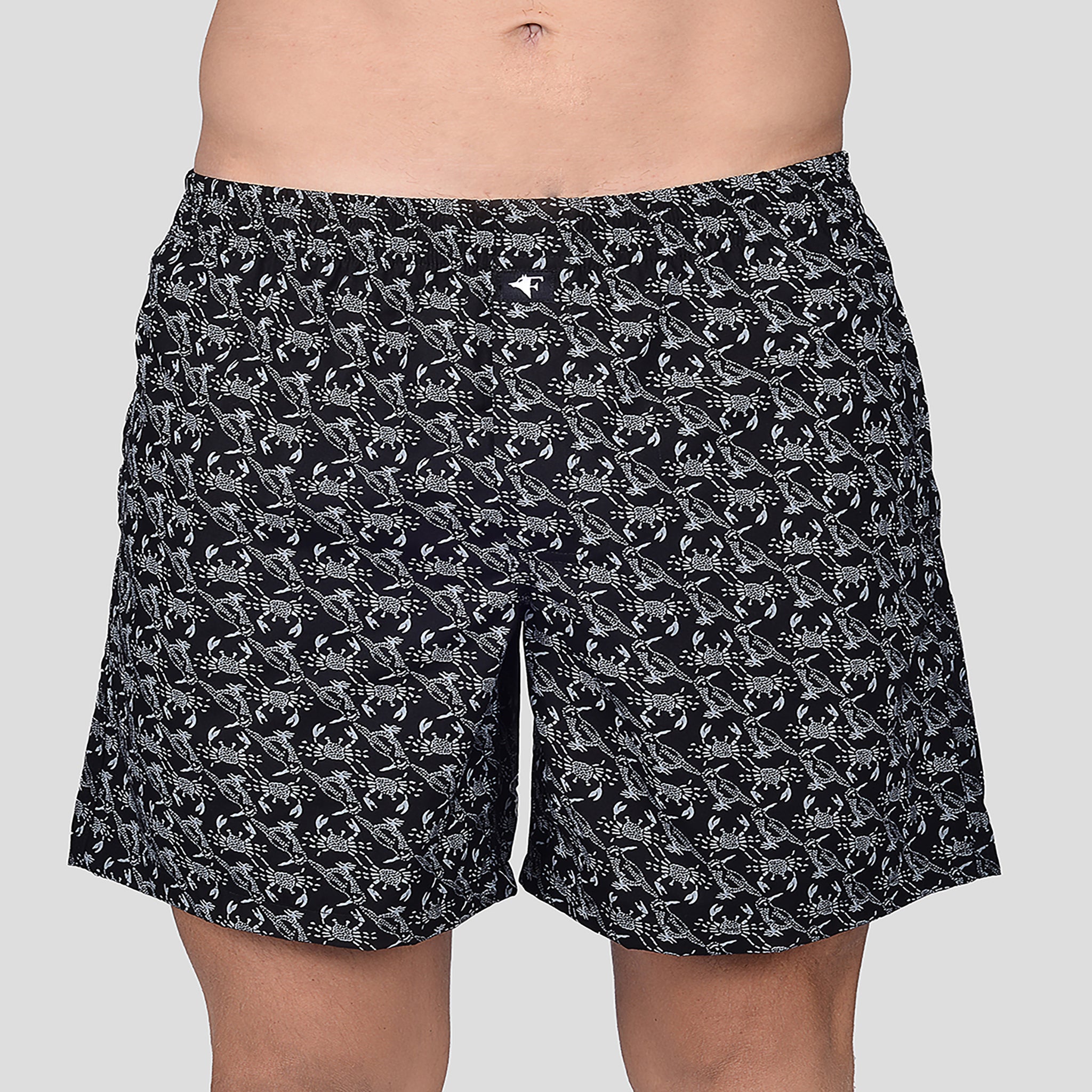 BOKSA Men's Printed Cotton Boxer Shorts with Side Pockets - Black Crab Print