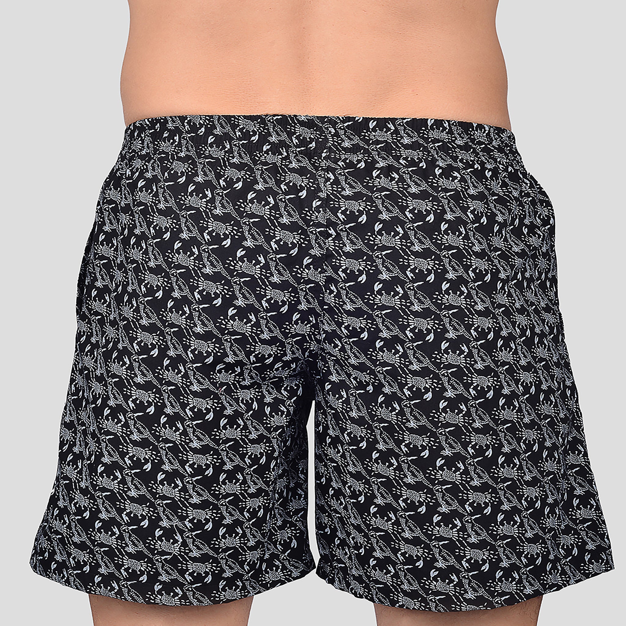 BOKSA Men's Printed Cotton Boxer Shorts with Side Pockets - Black Crab Print