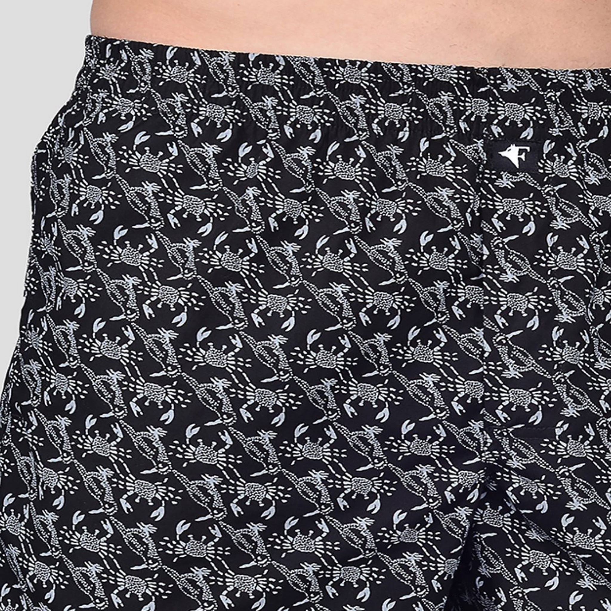 BOKSA Men's Printed Cotton Boxer Shorts with Side Pockets - Black Crab Print