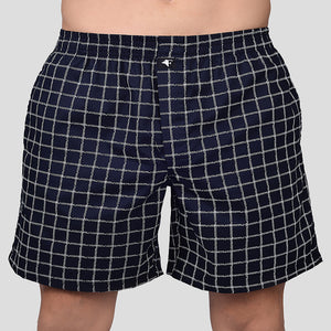 BOKSA Men's Printed Cotton Boxer Shorts with Side Pockets - Navy Checks