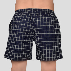 BOKSA Men's Printed Cotton Boxer Shorts with Side Pockets - Navy Checks