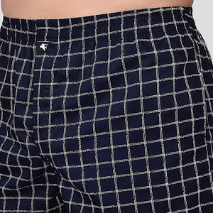 BOKSA Men's Printed Cotton Boxer Shorts with Side Pockets - Navy Checks