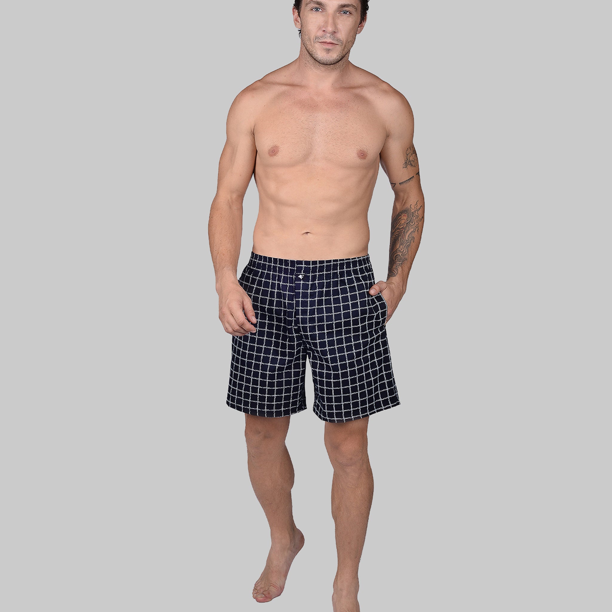 BOKSA Men's Printed Cotton Boxer Shorts with Side Pockets - Navy Checks