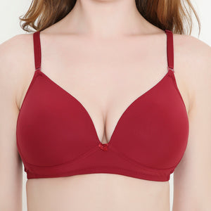 Solid Maroon Silky Soft Full Coverage Deep Neck T-Shirt Bra | Non Padded | Stretchable Bra for Women