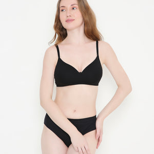 Everyday Comfort Solid Black Padded Stretchable Cotton T-Shirt Bra