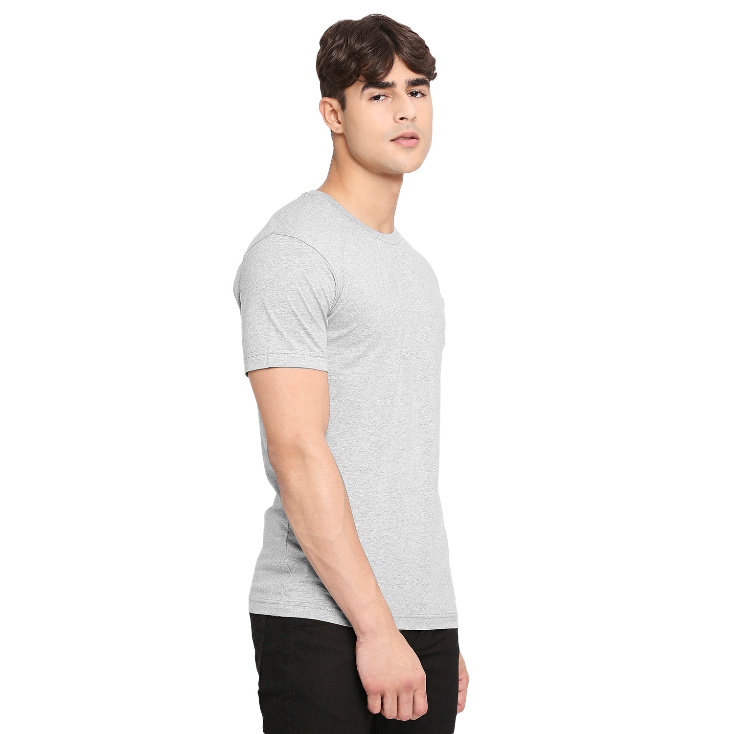 Light Grey Melange Pure Cotton Round Neck T-Shirt for Men