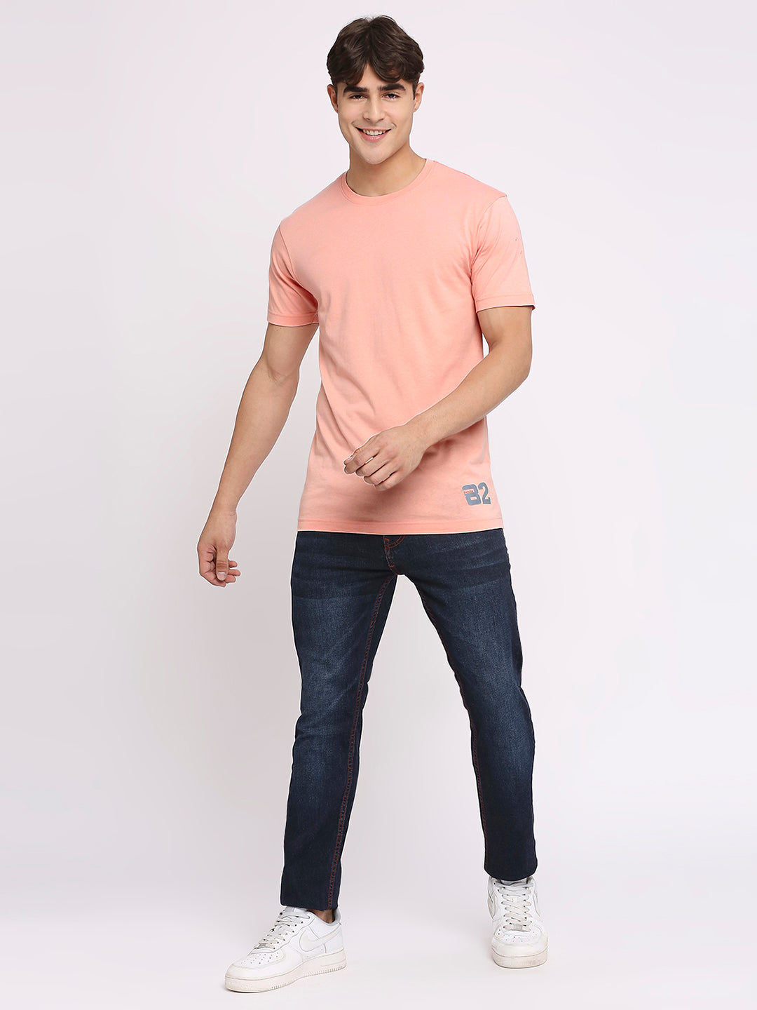 Solid Peach Pure Cotton Round Neck T-Shirt for Men