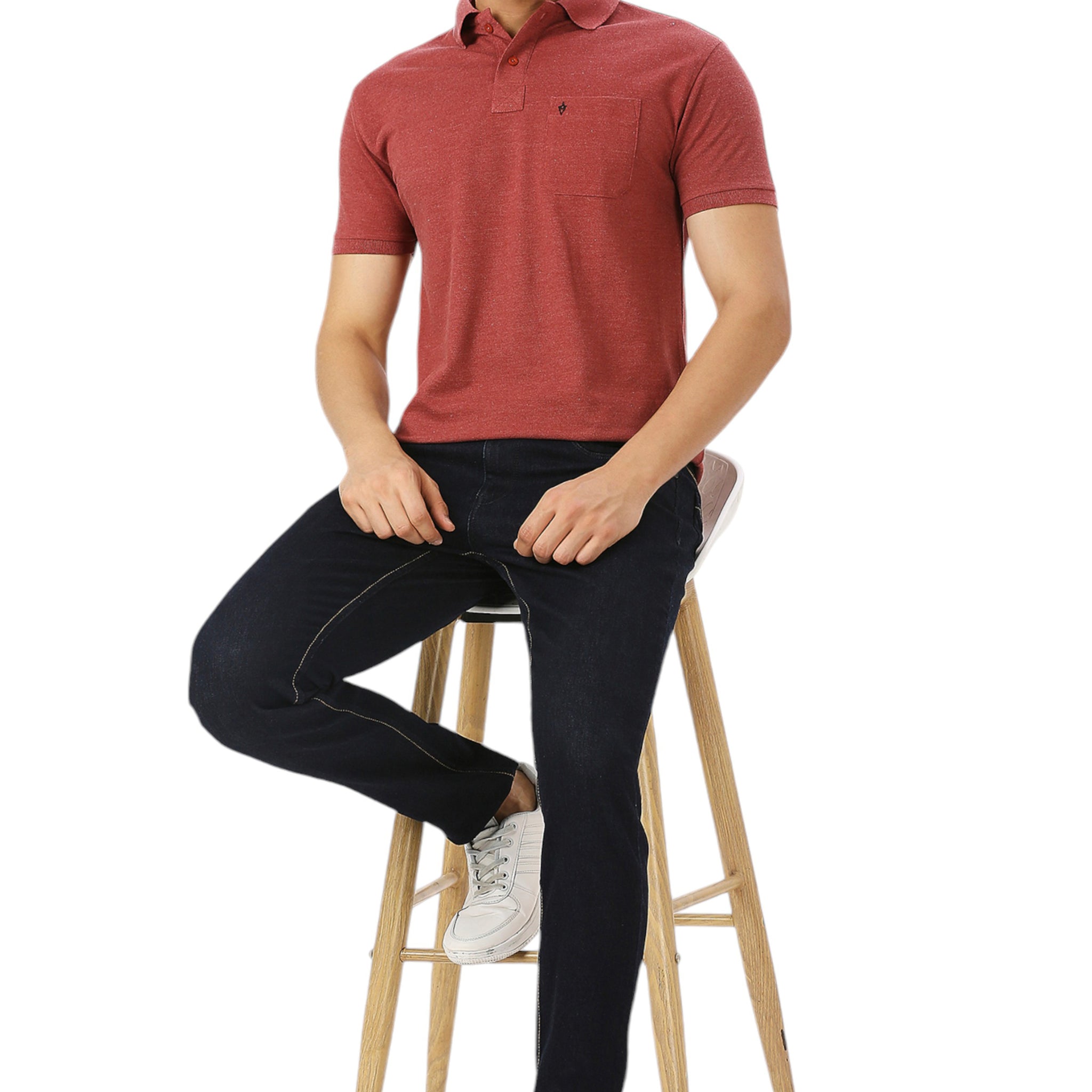 Maroon Melange Cotton Polo T-Shirt with Chest Pocket for Men