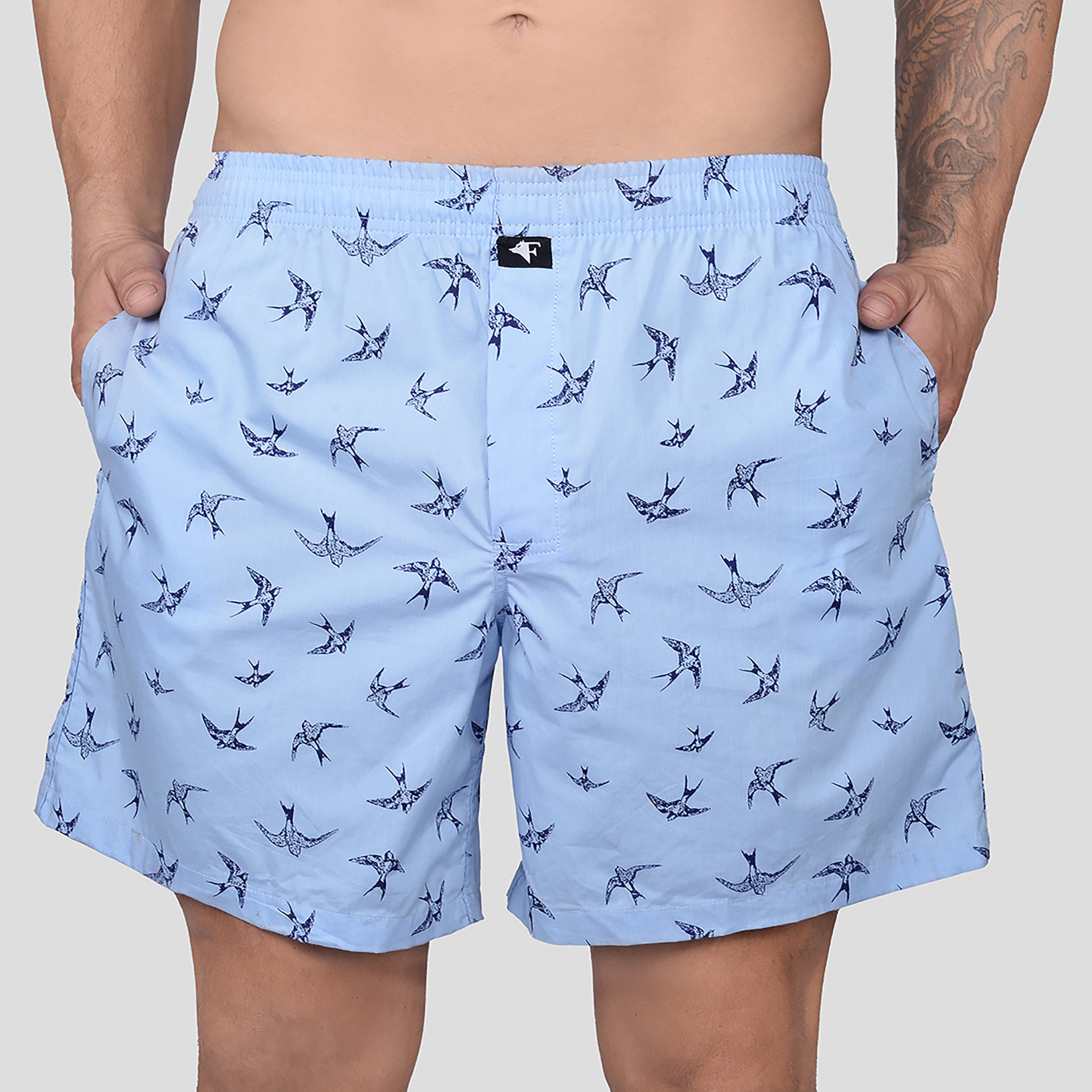 BOKSA Men's Printed Cotton Boxer Shorts with Side Pockets - Sky Blue Bird