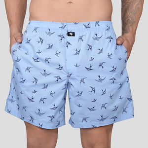 BOKSA Men's Printed Cotton Boxer Shorts with Side Pockets - Sky Blue Bird