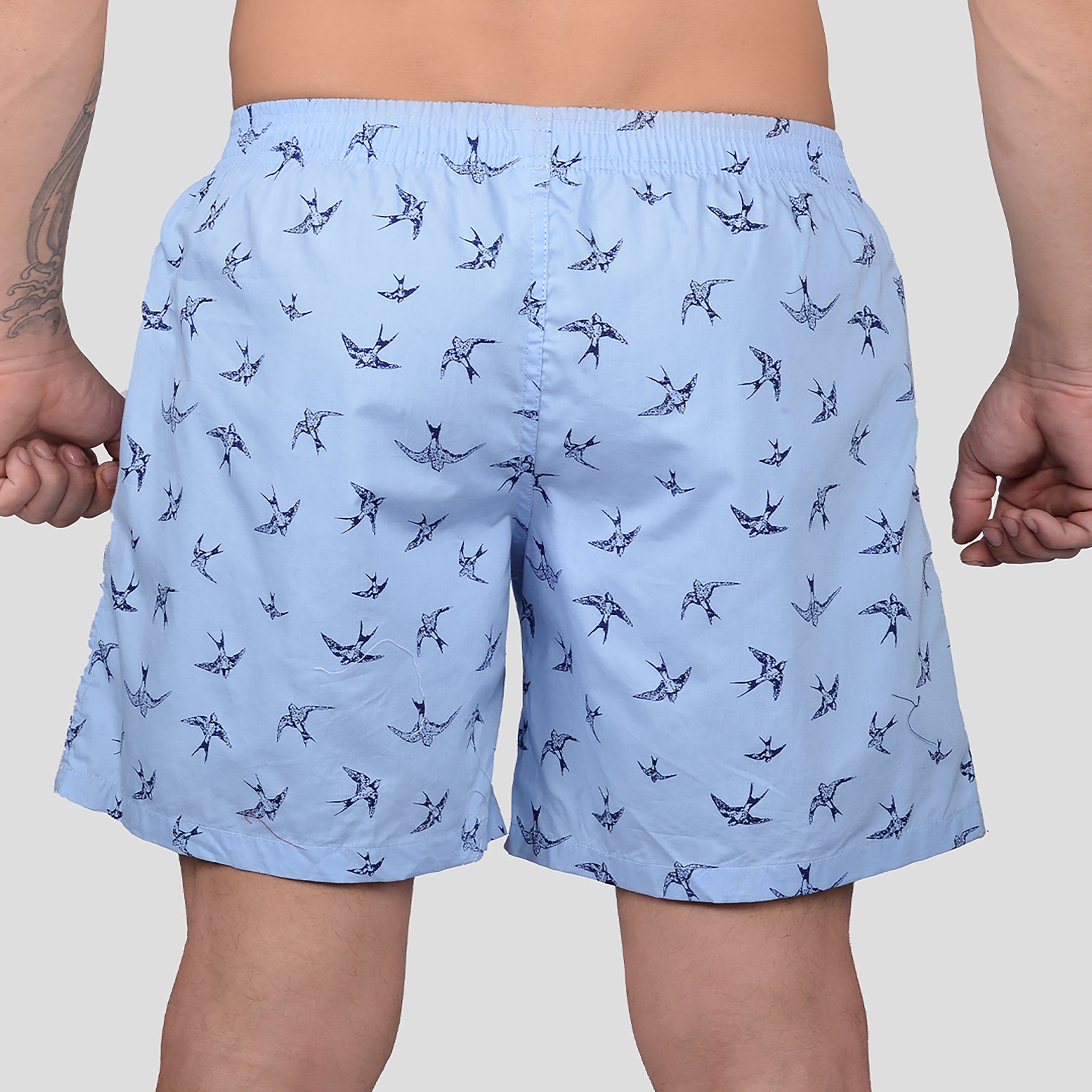 BOKSA Men's Printed Cotton Boxer Shorts with Side Pockets - Sky Blue Bird