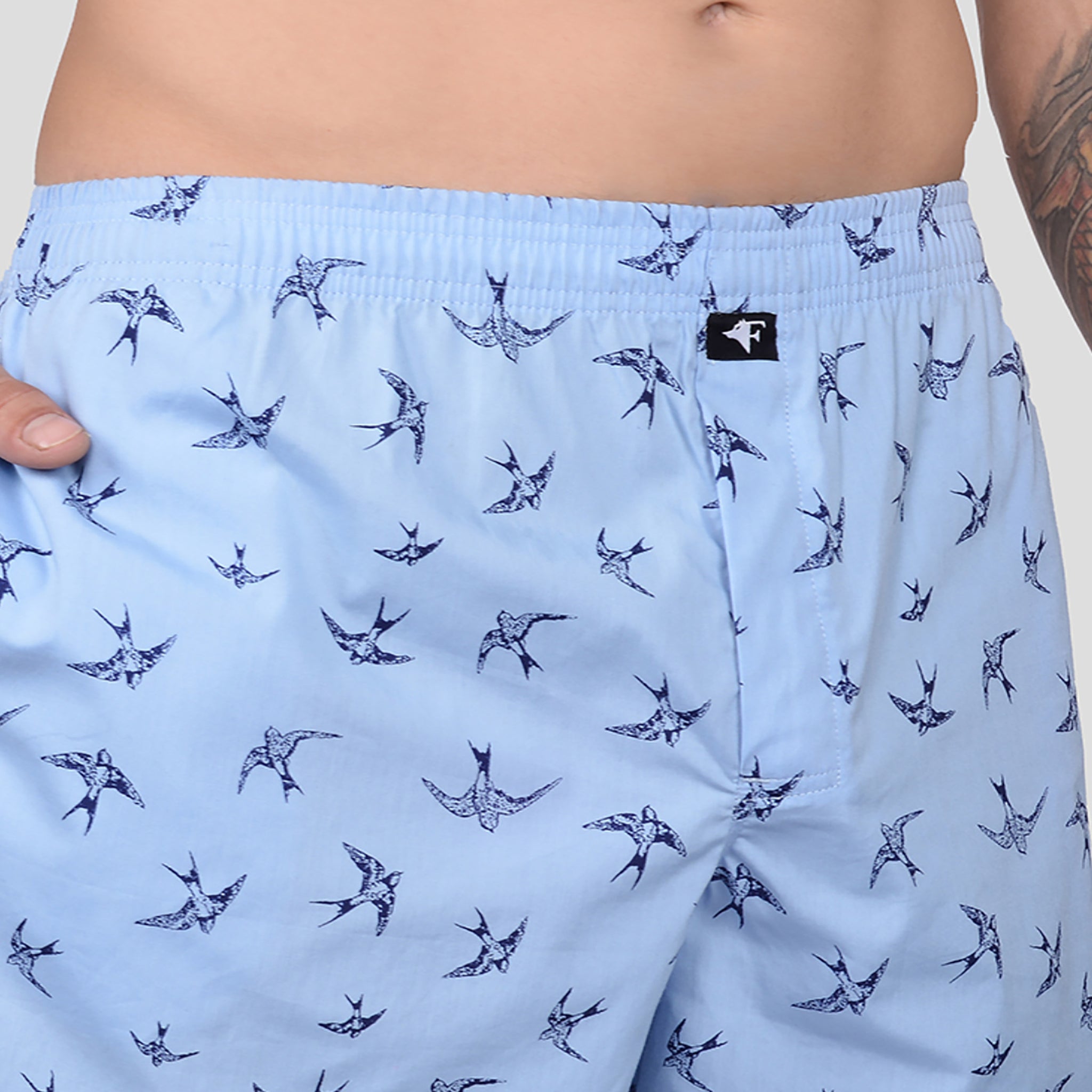 BOKSA Men's Printed Cotton Boxer Shorts with Side Pockets - Sky Blue Bird