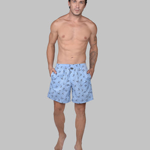 BOKSA Men's Printed Cotton Boxer Shorts with Side Pockets - Sky Blue Bird