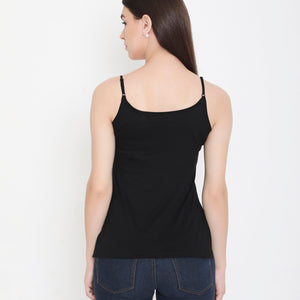 Women's Side Slit Kurti Slip Camisole with Adjustable Straps - Black