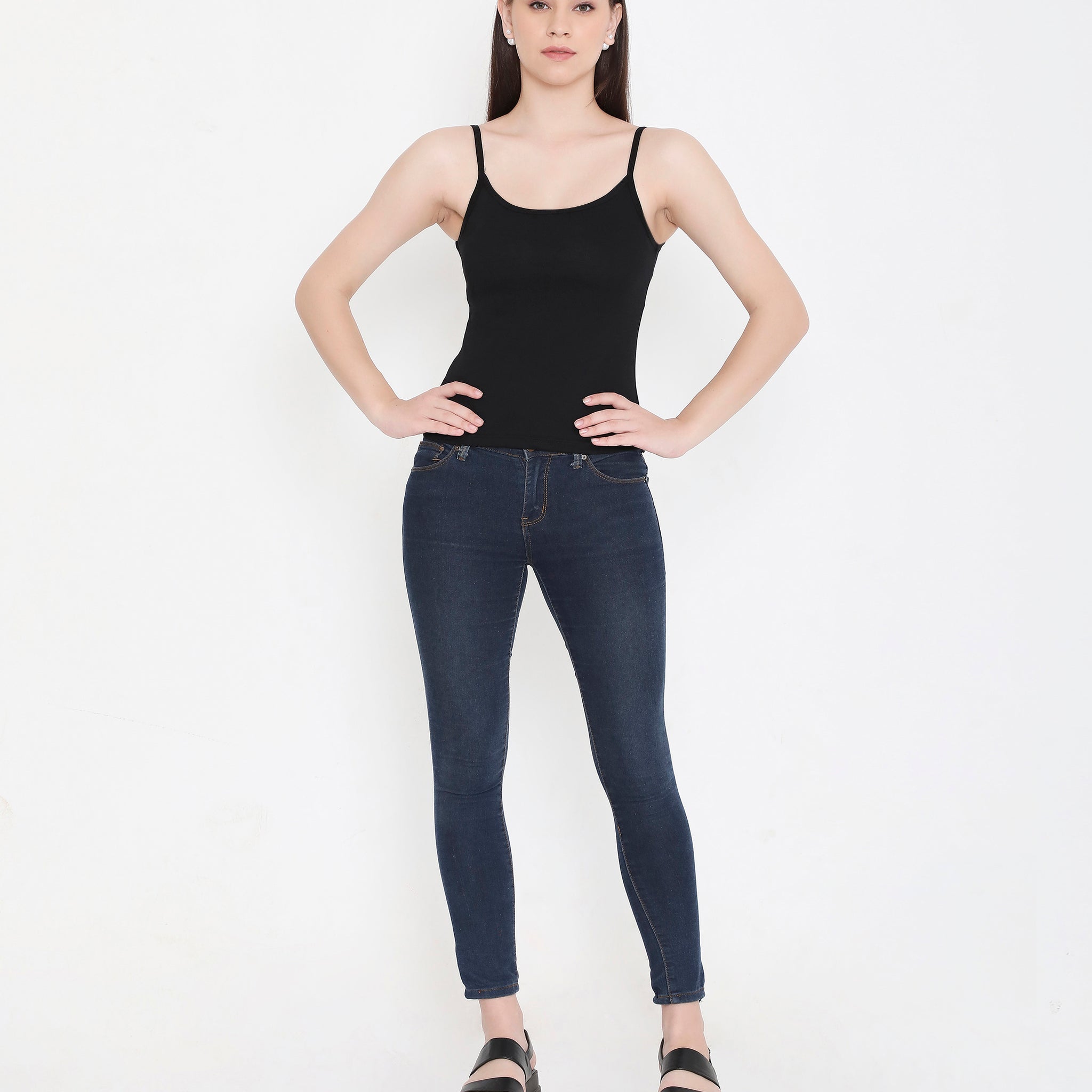Women Solid Black Pure Cotton Innerwear Camisole with Slender Straps
