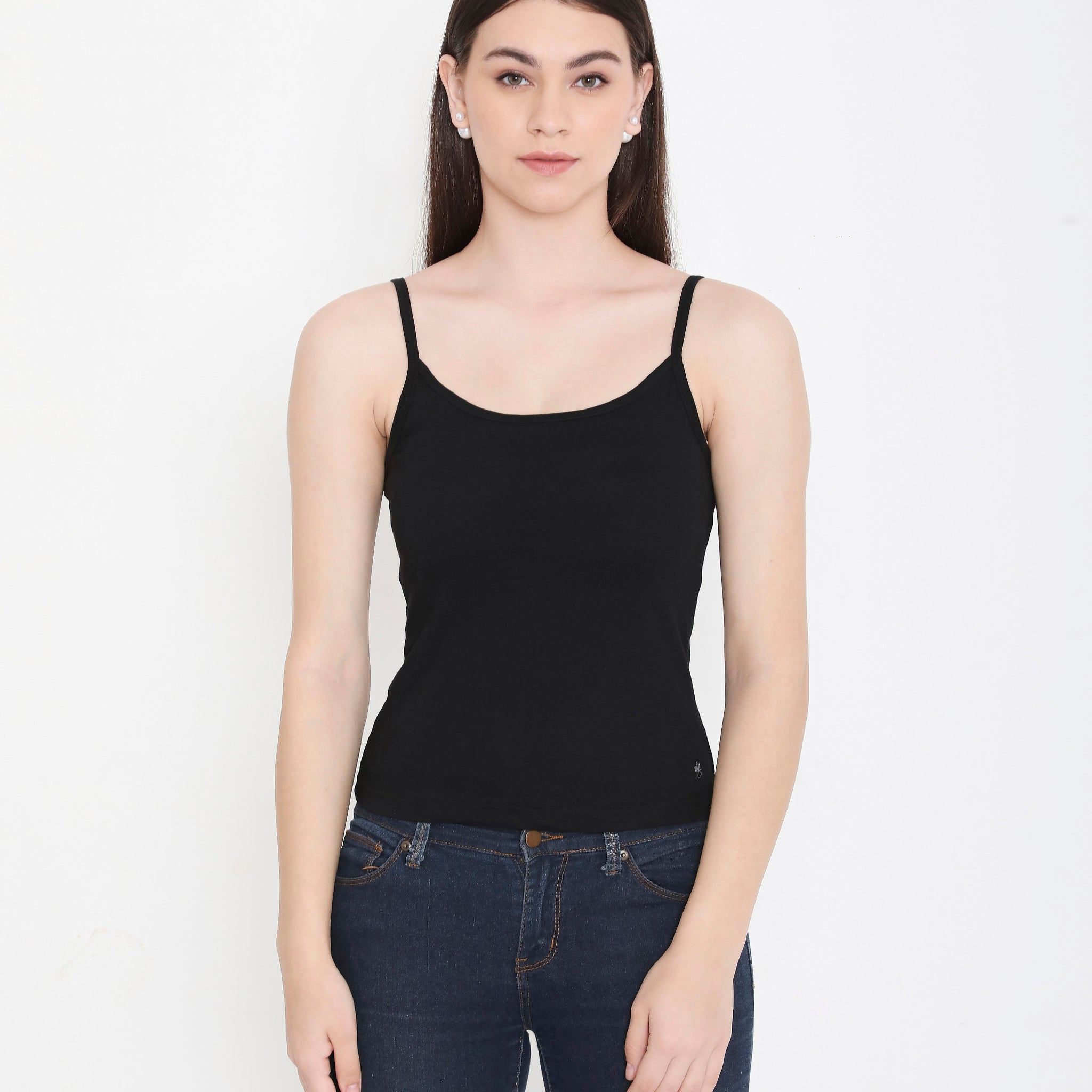 Women Solid Black Pure Cotton Innerwear Camisole with Slender Straps