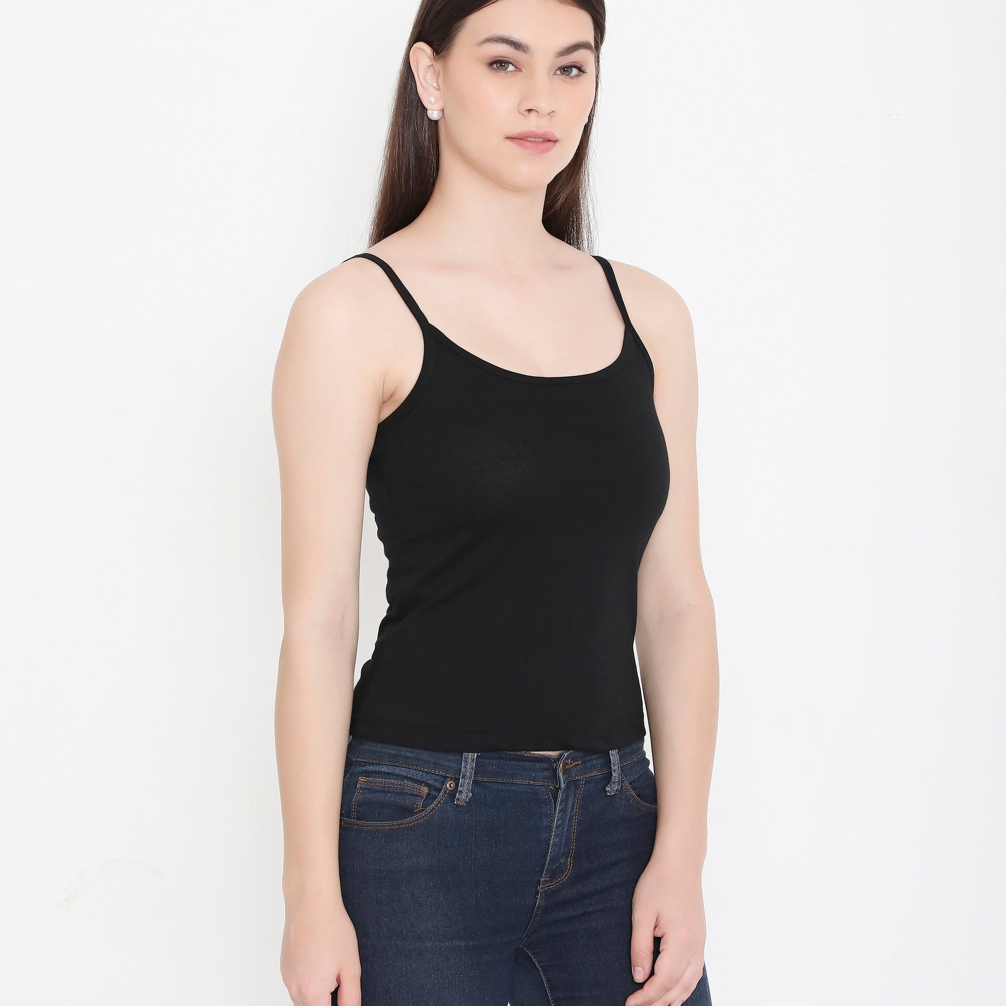 Women Solid Black Pure Cotton Innerwear Camisole with Slender Straps