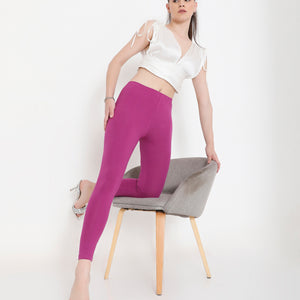 SOLID PURPLE ANKLE-LENGTH COTTON LEGGINGS FOR WOMEN