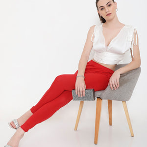 SOLID RED ANKLE-LENGTH COTTON LEGGINGS FOR WOMEN