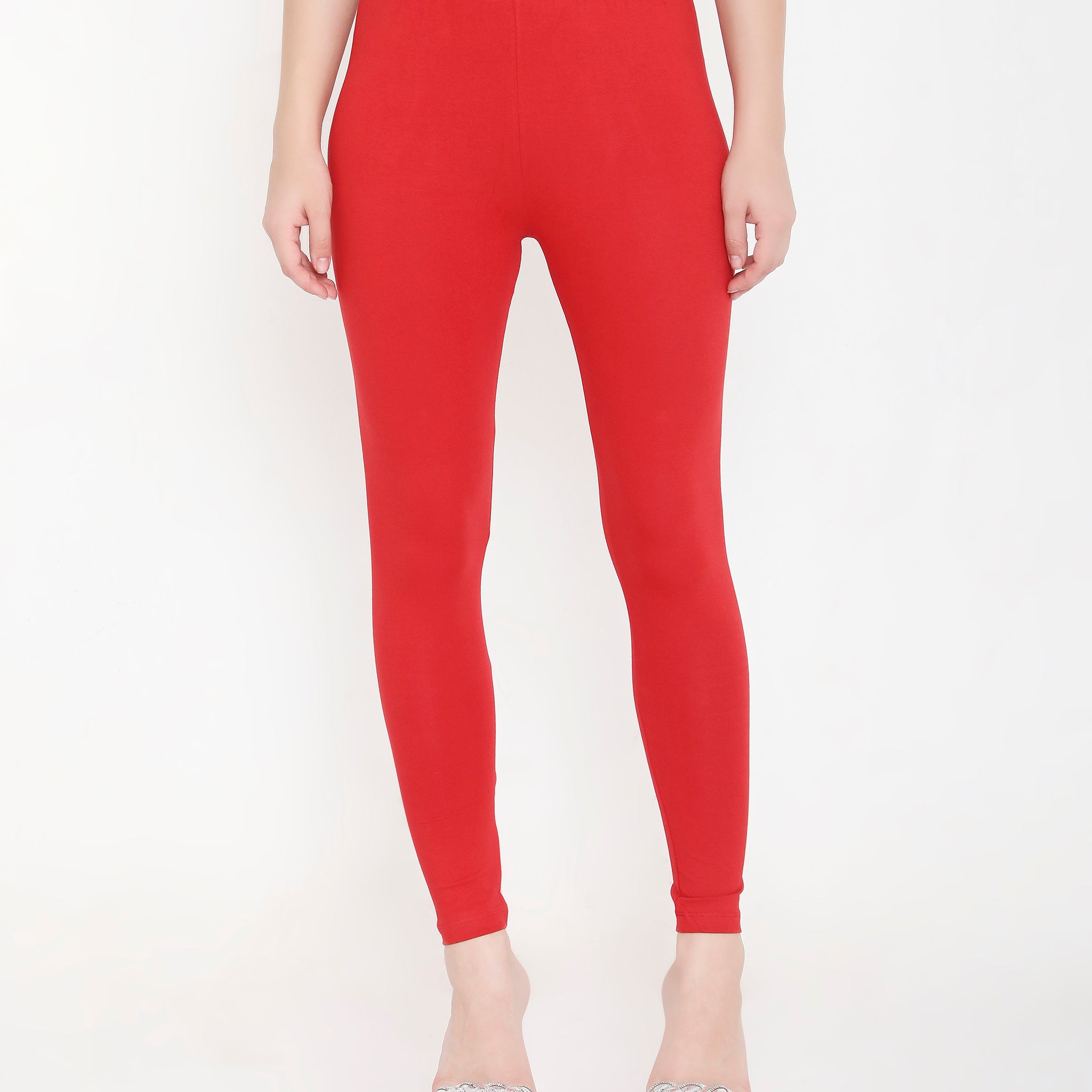 SOLID RED ANKLE-LENGTH COTTON LEGGINGS FOR WOMEN