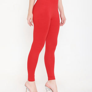 SOLID RED ANKLE-LENGTH COTTON LEGGINGS FOR WOMEN
