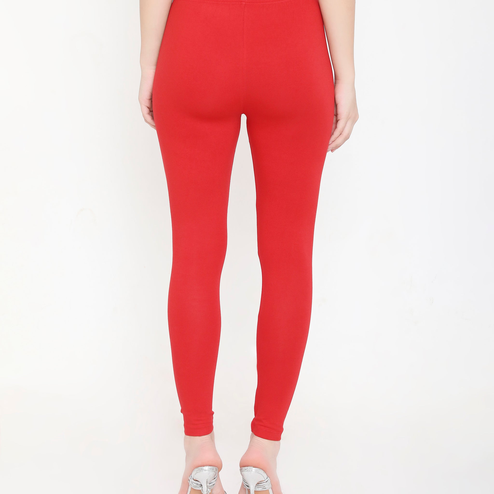 SOLID RED ANKLE-LENGTH COTTON LEGGINGS FOR WOMEN