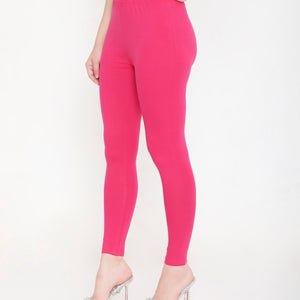 SOLID DARK PINK ANKLE-LENGTH COTTON LEGGINGS FOR WOMEN