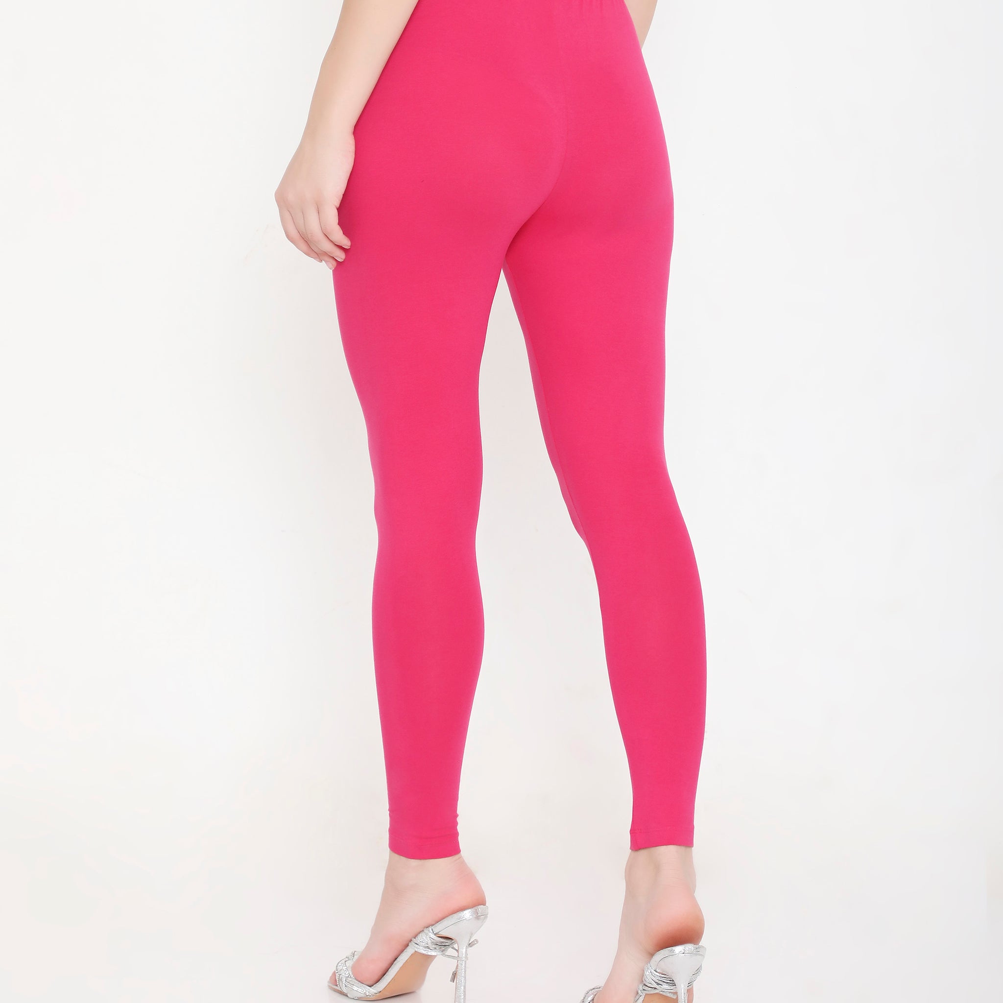 SOLID DARK PINK ANKLE-LENGTH COTTON LEGGINGS FOR WOMEN