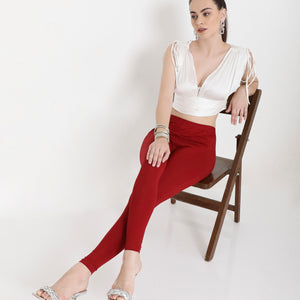 SOLID MAROON ANKLE-LENGTH COTTON LEGGINGS FOR WOMEN