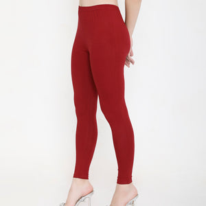 SOLID MAROON ANKLE-LENGTH COTTON LEGGINGS FOR WOMEN