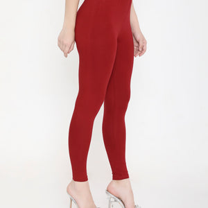 SOLID MAROON ANKLE-LENGTH COTTON LEGGINGS FOR WOMEN