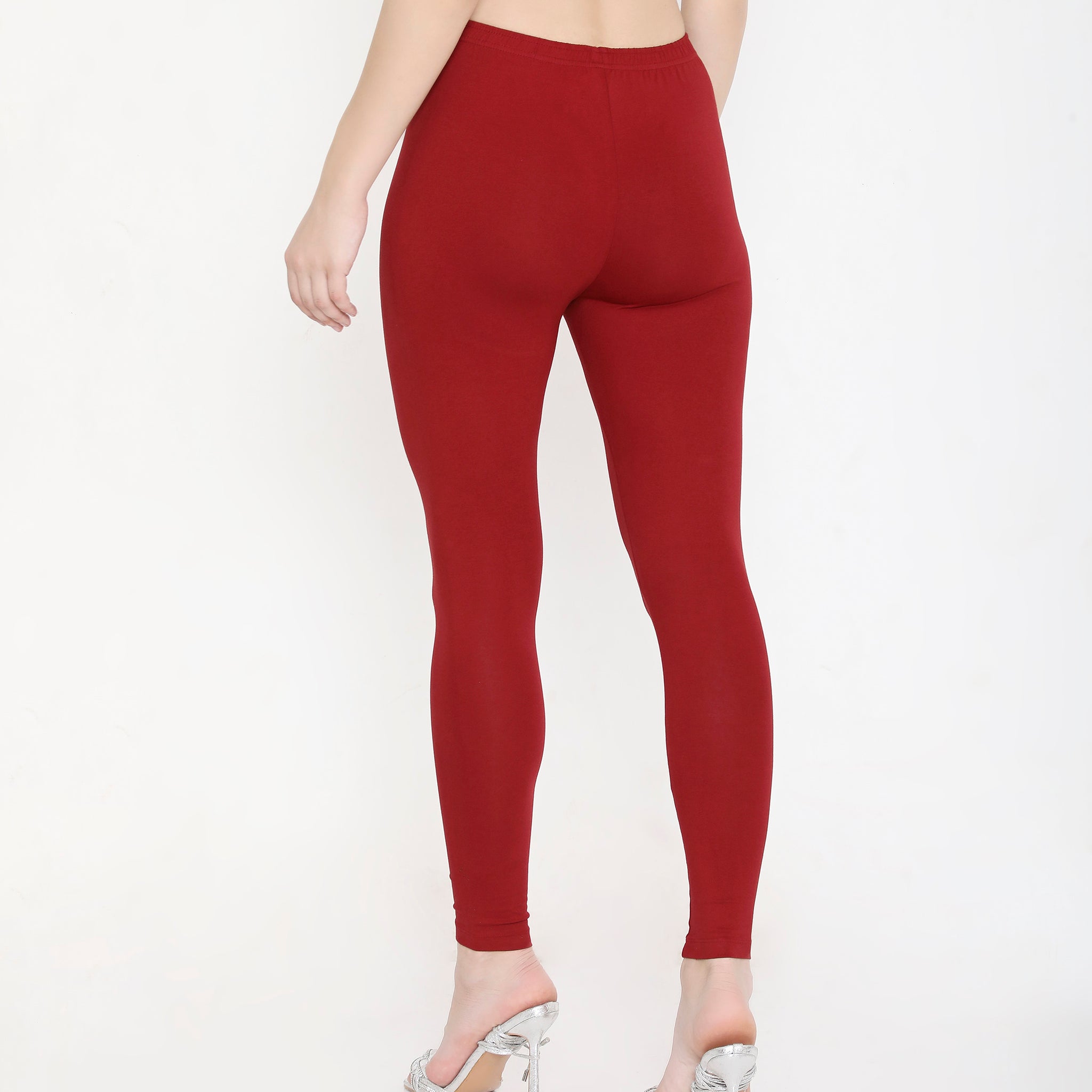 SOLID MAROON ANKLE-LENGTH COTTON LEGGINGS FOR WOMEN