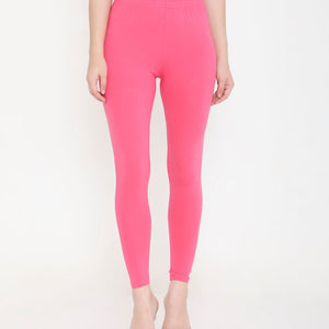 SOLID PINK ANKLE-LENGTH COTTON LEGGINGS FOR WOMEN