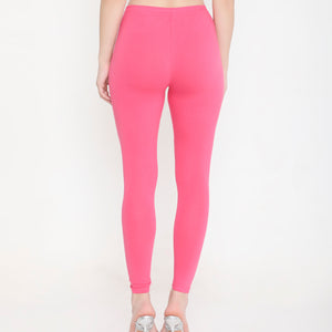 SOLID PINK ANKLE-LENGTH COTTON LEGGINGS FOR WOMEN