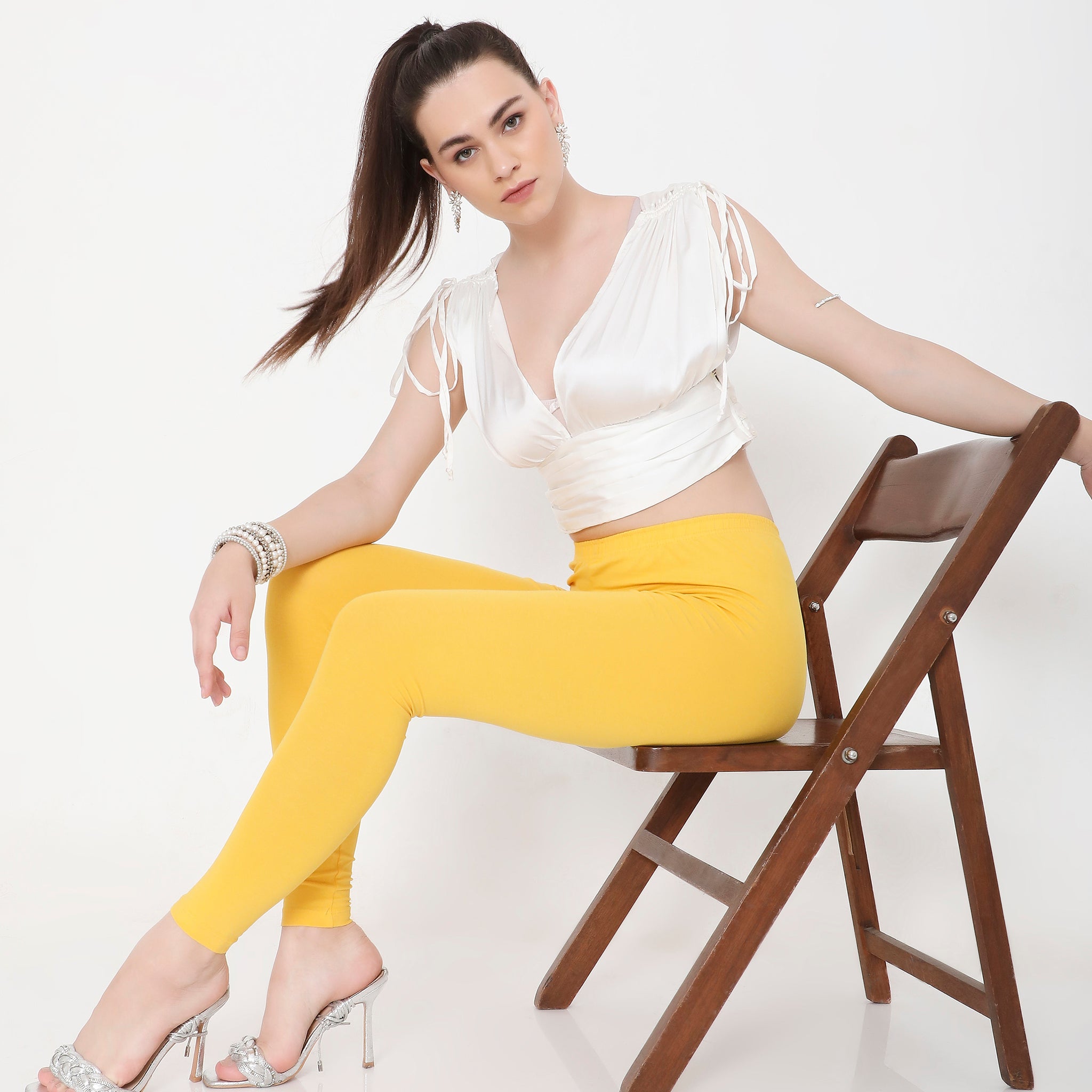 WOMEN SOLID YELLOW ANKLE-LENGTH COTTON LEGGINGS