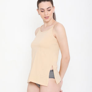 Women's Side Slit Kurti Slip Camisole with Adjustable Straps - Skin