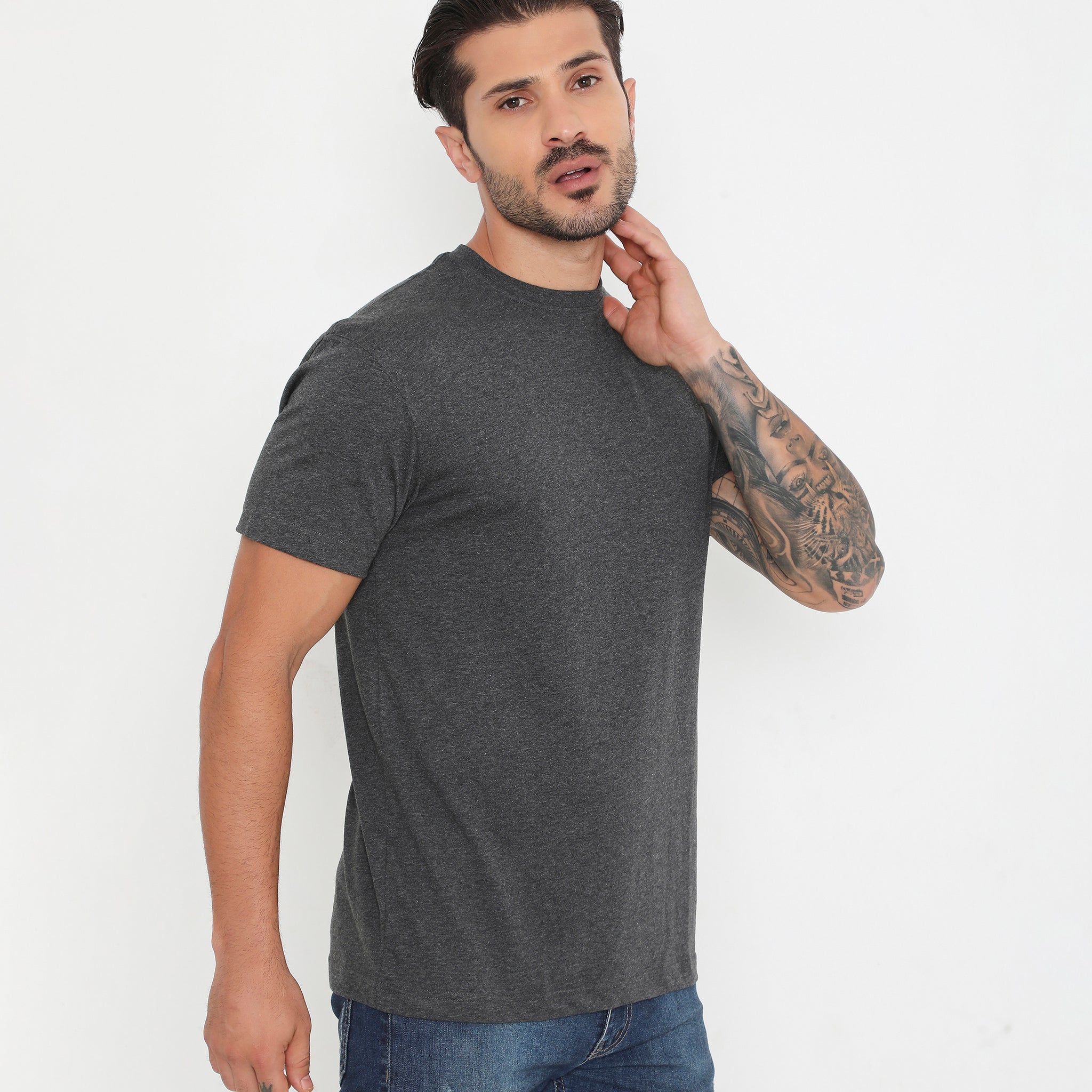 Men Charcoal Melange Leisurewear Essential Cotton Tee - 004