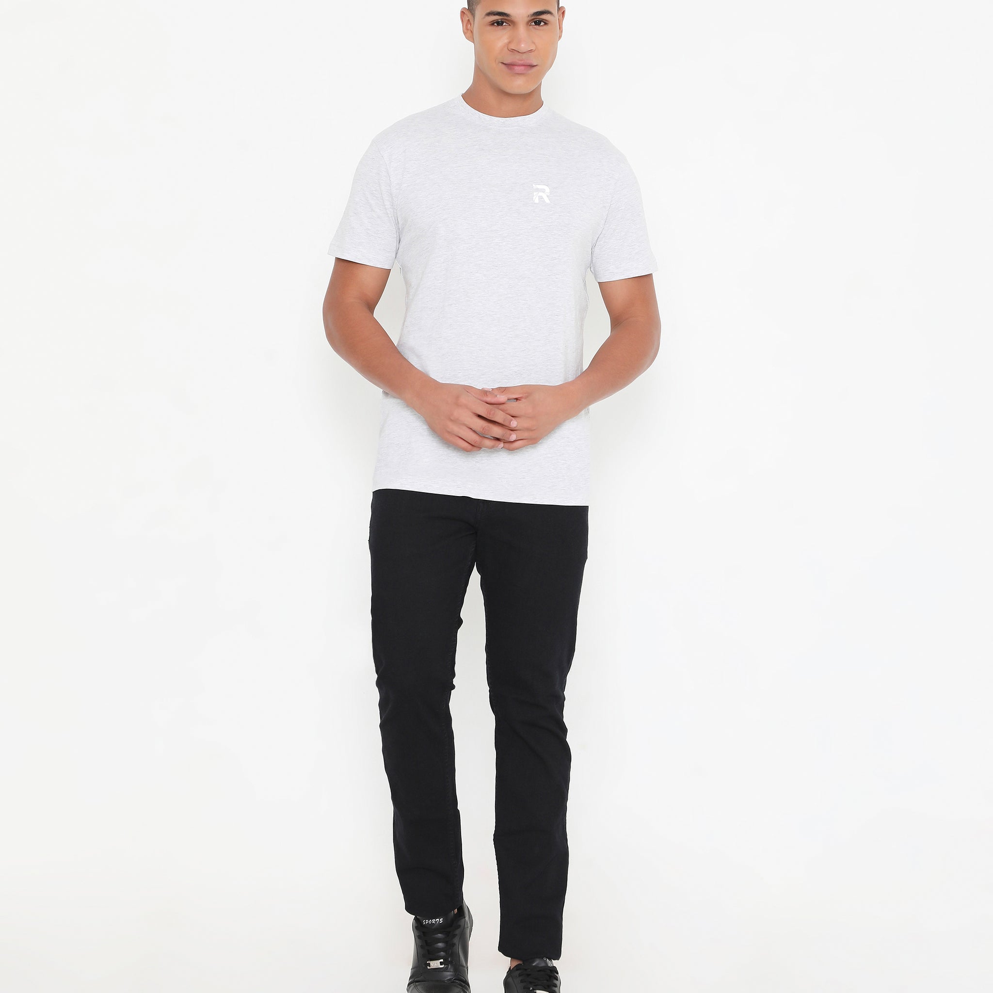 White Melange Men Solid Essential Cotton T-Shirt 001