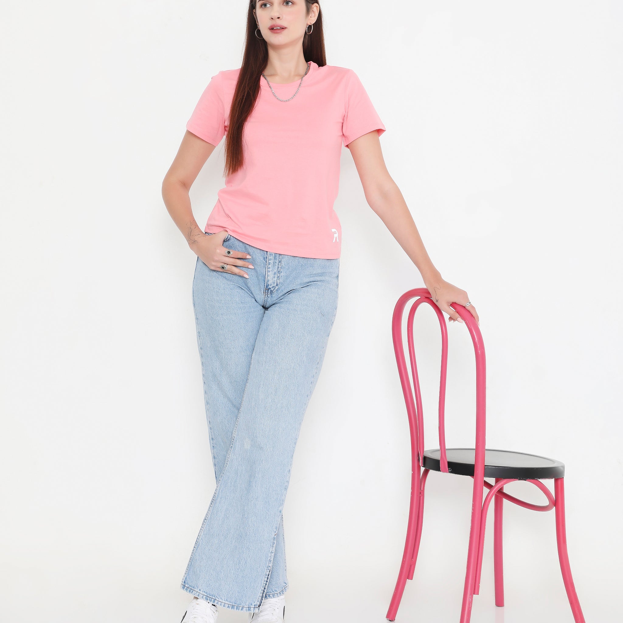 Women Solid Pink Round Neck Cotton T-Shirt - 001