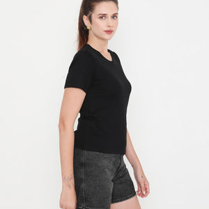 Women Solid Black Round Neck Cotton T-Shirt - 001