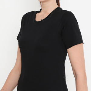 Women Solid Black Round Neck Cotton T-Shirt - 001