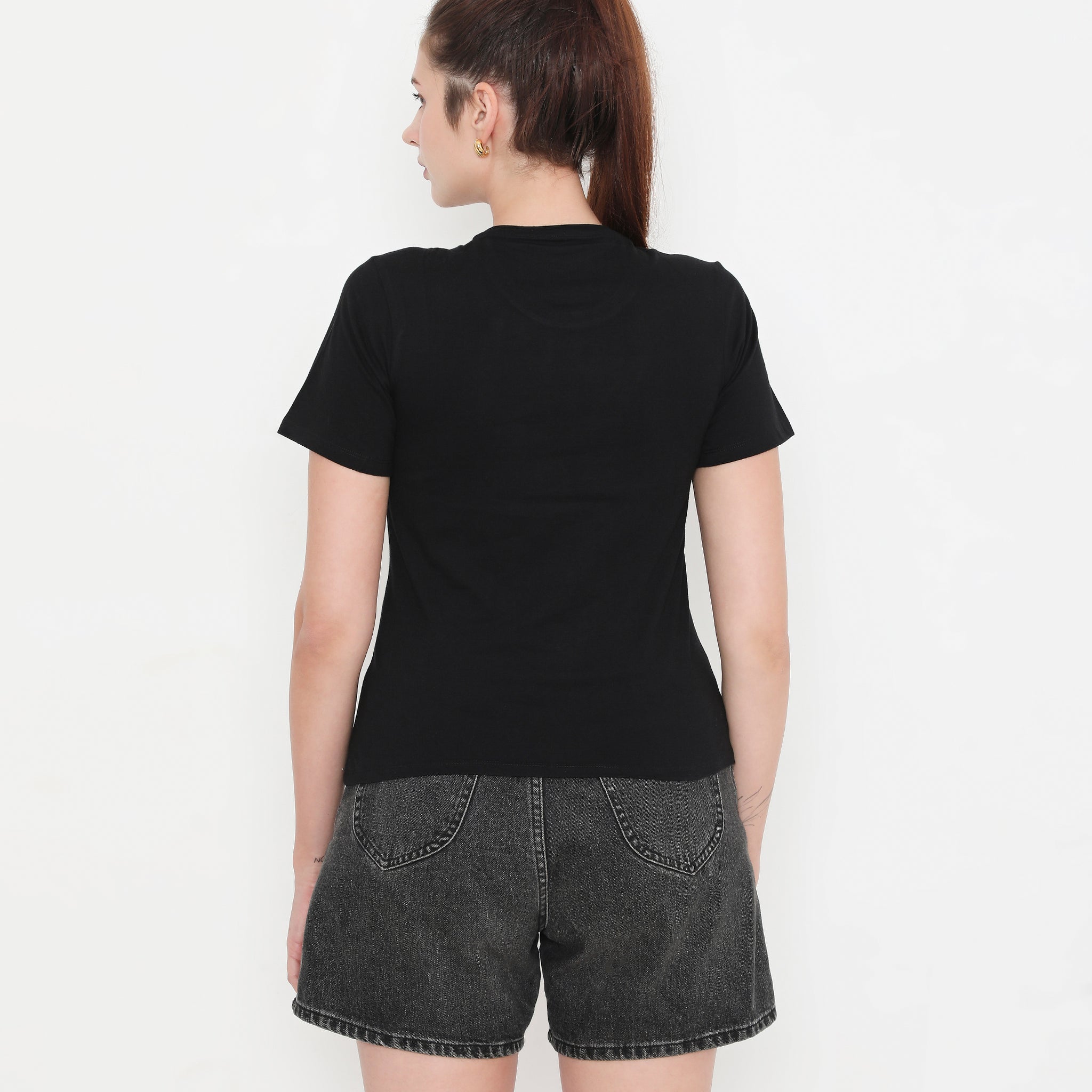 Women Solid Black Round Neck Cotton T-Shirt - 001