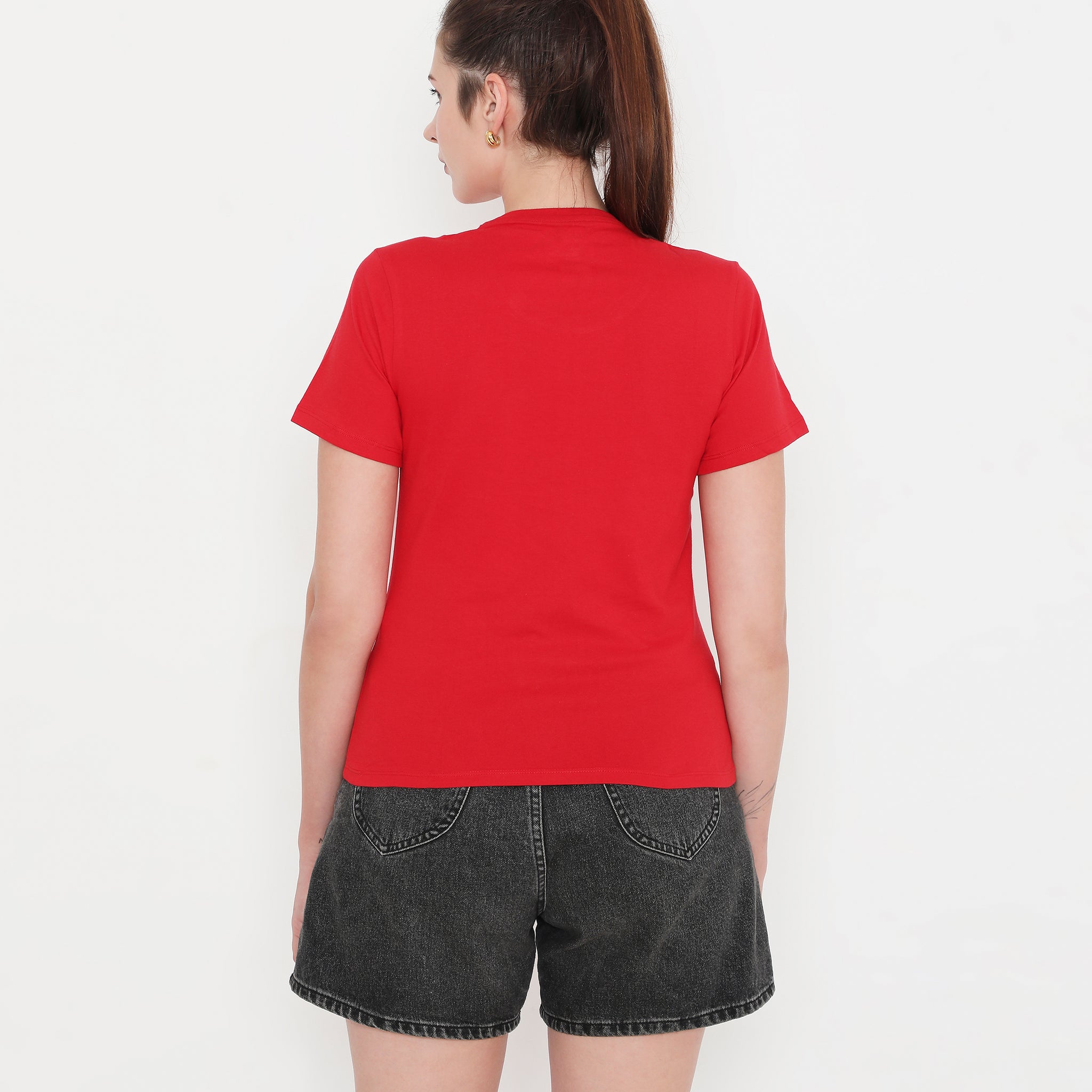 Women Solid Red Round Neck Cotton T-Shirt - 001