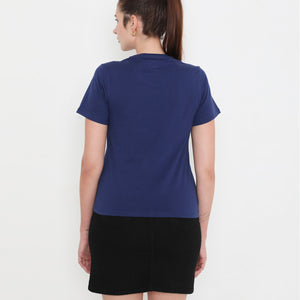Women Solid Navy Blue Round Neck Cotton T-Shirt - 001