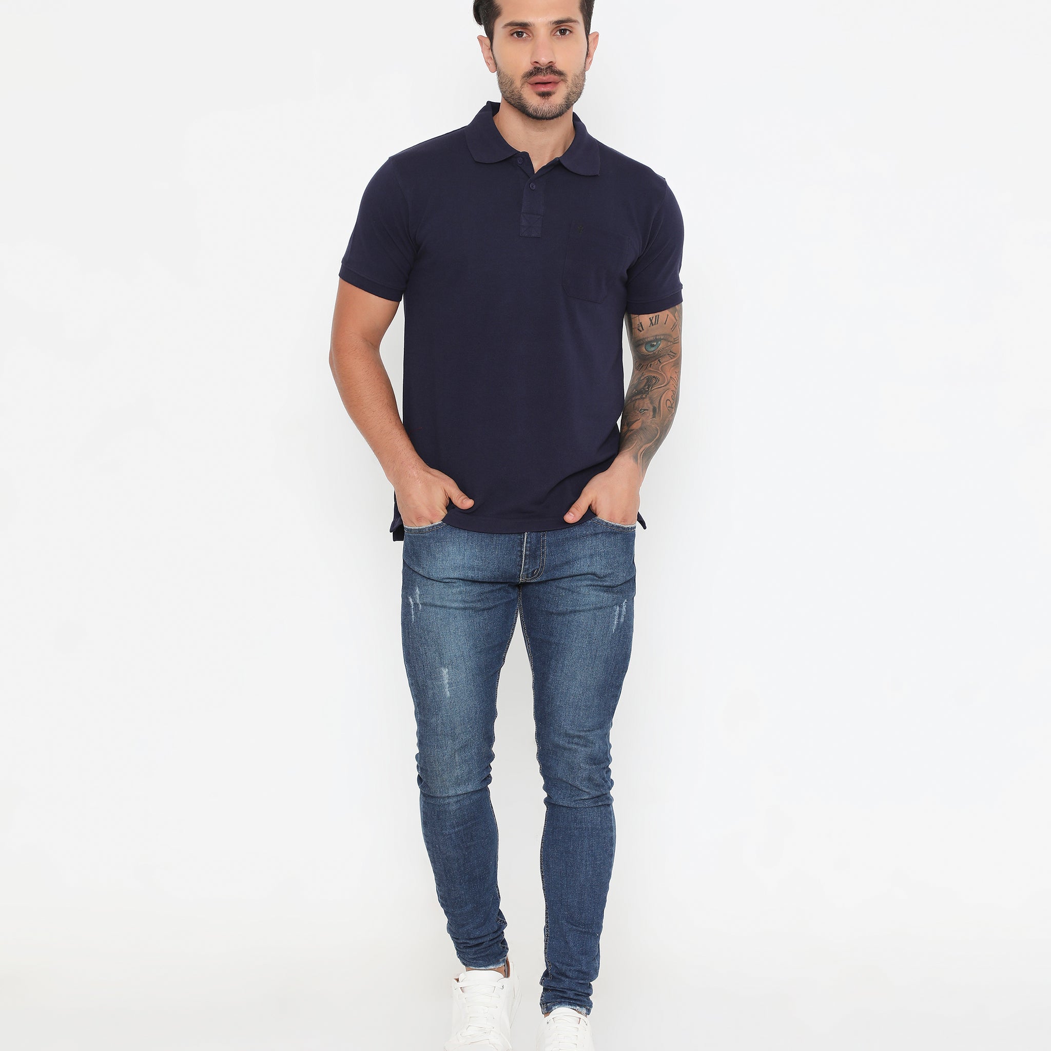 Men Navy Blue Essential Cotton Polo T-Shirt with Chest Pocket