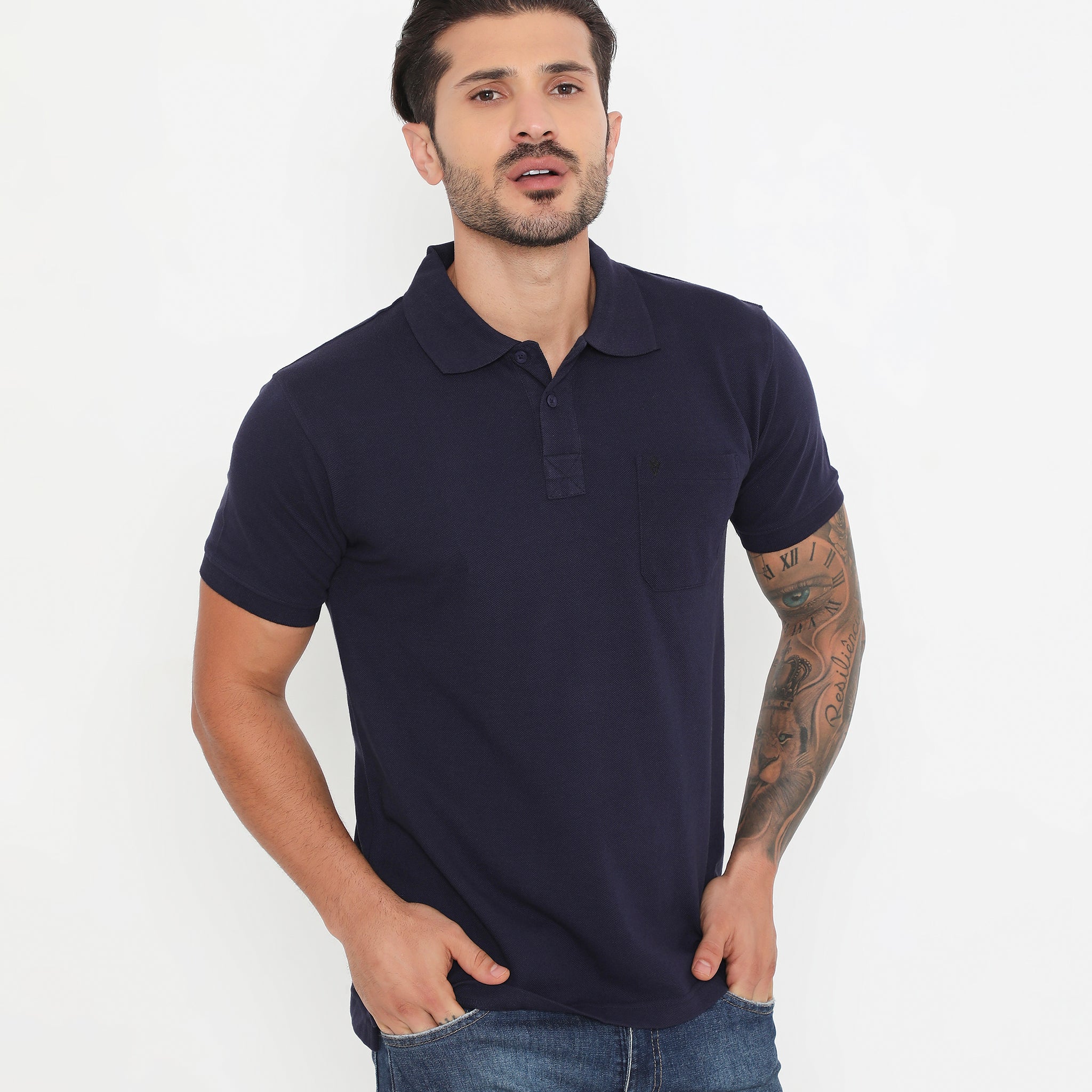 Men Navy Blue Essential Cotton Polo T-Shirt with Chest Pocket