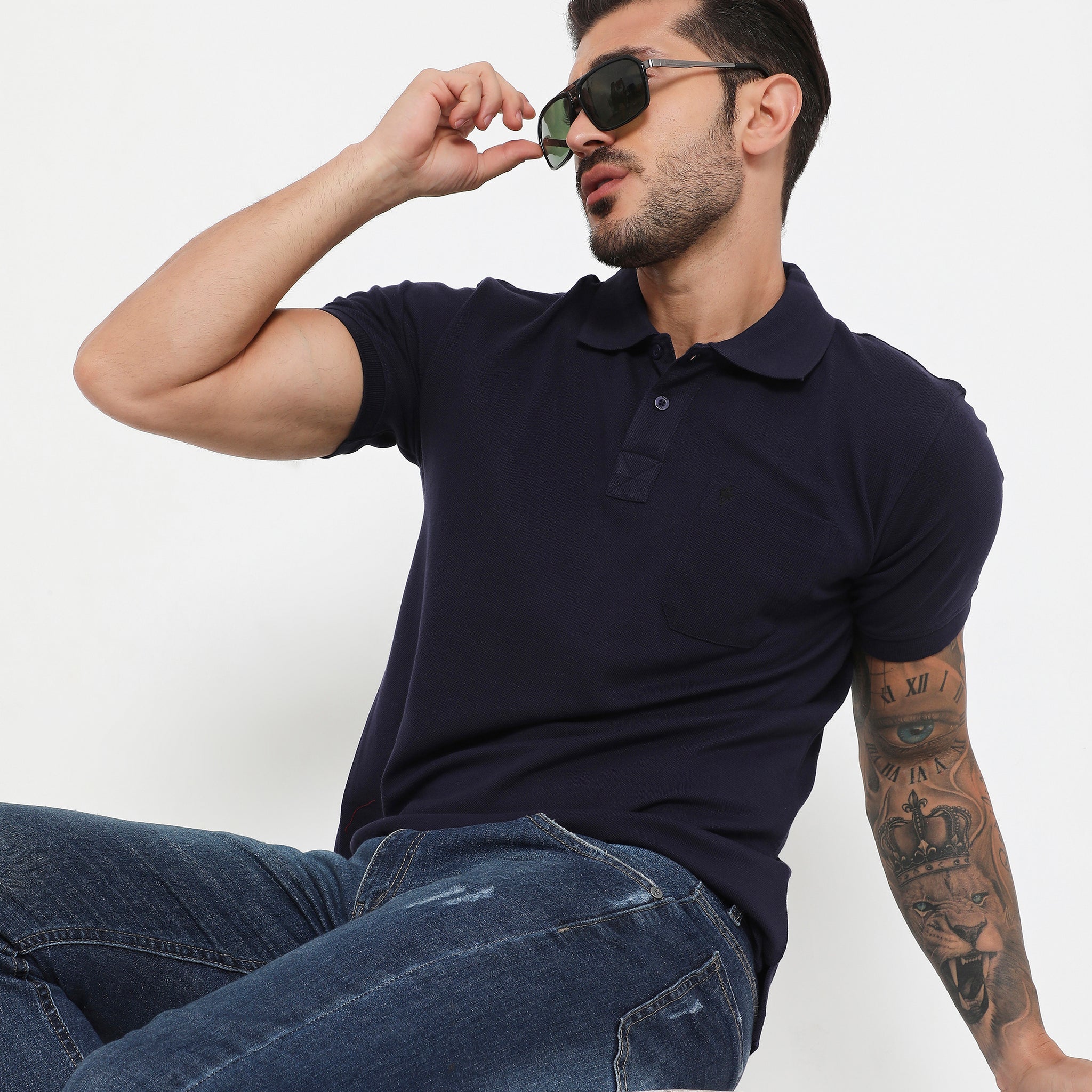 Men Navy Blue Essential Cotton Polo T-Shirt with Chest Pocket