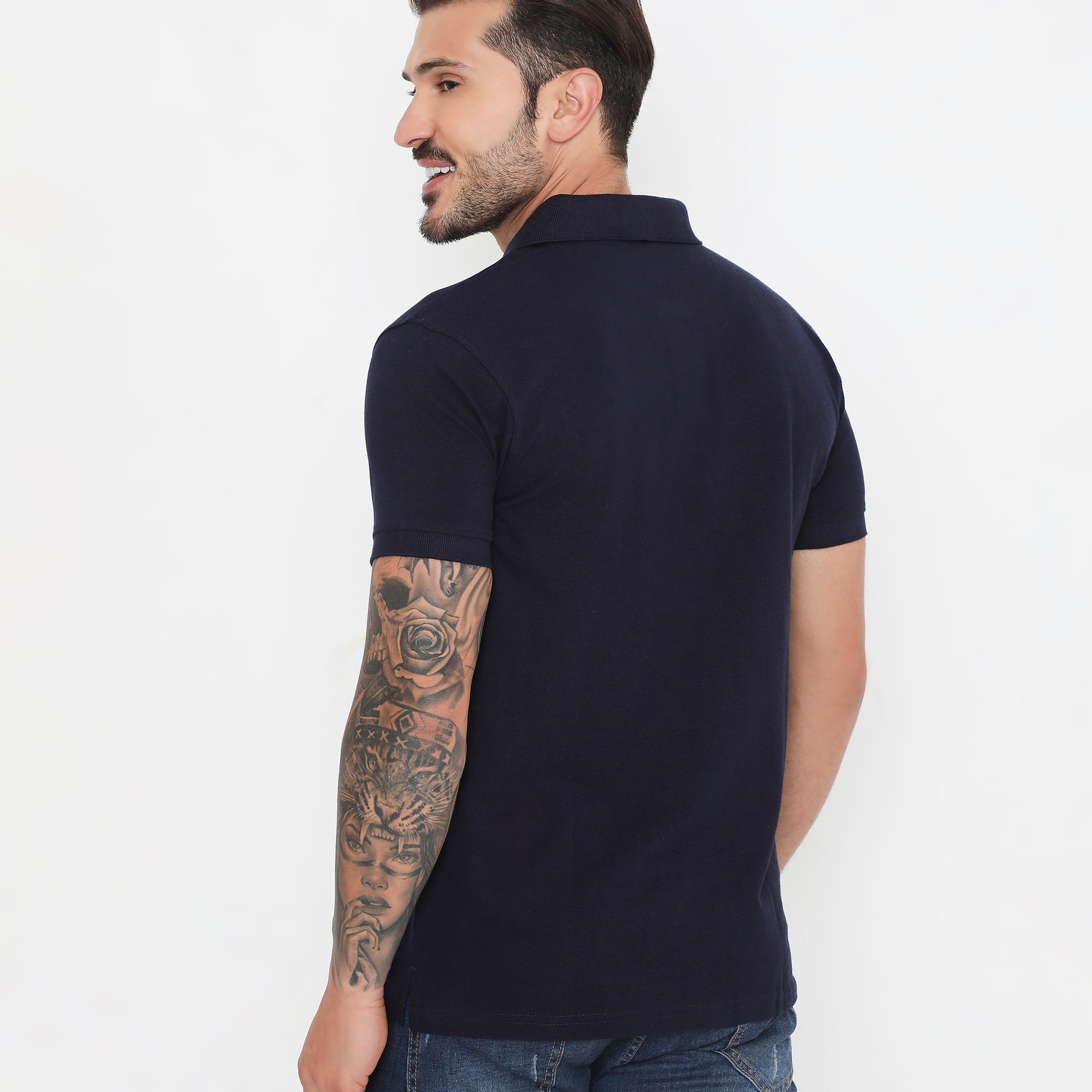 Men Navy Blue Classic Cotton Polo T-Shirt